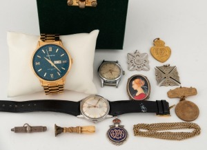 UNICORN wristwatch, RITEX wristwatch, dress watch in box, hand-painted miniature portrait brooch mounted in 800 silver, silver fobs, medals, antique seal, antique silver watch key, and a brass chain