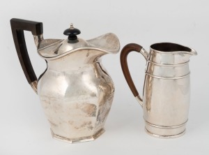 An antique English sterling silver lidded water jug of faceted form made by Mappin & Webb of London, circa 1913; together with a sterling silver milk jug of banded barrel design made in Sheffield 1912 for Wilson & Sharp of Edinburgh, (2 items), ​​​​​​​the