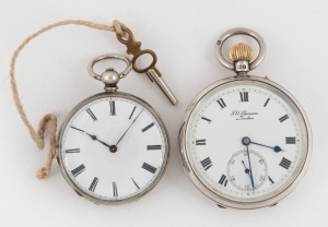 Two antique sterling silver cased pocket watches, one by J. W. Benson of London with crown wind, Roman numeral enamel dial with subsidiary seconds; the other with enamel dial, rear key wind, Roman numerals, and engraved case, 19th century, the larger 7cm 