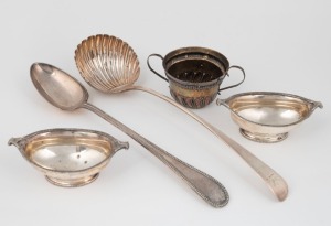 An antique sterling silver ladle, silver christening cup, silver plated basting spoon and pair of silver plated bon bon dishes, (5 items), the ladle 34cm long, 212 grams silver weight