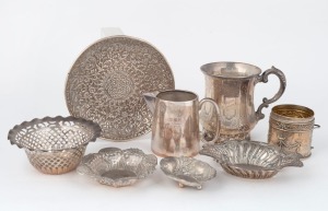 Sterling silver christening mug, jug, assorted silver dishes and bowls including a fine quality eastern silver example, plus a silver trinket box (no lid), 19th/20th century, (8 items), ​​​​​​​585 grams total