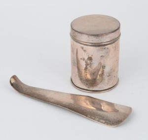 An English sterling silver tea caddy, together with a sterling silver shoehorn, (2 items), the caddy 9cm high, 212 grams total