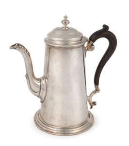 An antique English sterling silver coffee pot in the Geo III style with triple reeded foot, ogee&nbsp;domed lid with finely turned finial. Made by&nbsp;Asprey & Co Ltd, Sheffield, circa 1911. The base also&nbsp;marked&nbsp;Asprey London. 22cm high, 596 grams