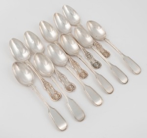 Antique English and Scottish&nbsp;sterling silver teaspoons. Comprising of a set of six fiddle and thread pattern made by Charles Boyton of London, circa 1858; together with five Kings pattern examples marked "W.H.", made in Glasgow, circa 1851, (11 items), th