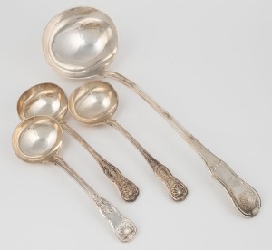 An antique English sterling silver Kings pattern&nbsp;ladle&nbsp;made by William Eley & William Fearn of London, circa 1806; together with three sauce ladles, one made by Walter Tweedie, early 19th century, (4 items), the largest 34cm long, 518 grams total.