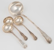 An antique English sterling silver Kings pattern&nbsp;ladle&nbsp;made by William Eley & William Fearn of London, circa 1806; together with three sauce ladles, one made by Walter Tweedie, early 19th century, (4 items), the largest 34cm long, 518 grams total.