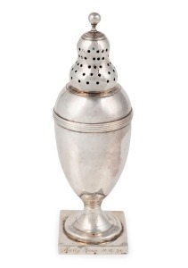 An antique George III sterling silver sugar caster of urn form with double dome shaker and ball finial. Engraved to the body and edge of plinth base "SALLY ANNE 11.11.54", Made by Andrew Fogelberg an important London silversmith, circa 1789, weighted base