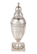 An antique George III sterling silver sugar caster of urn form with double dome shaker and ball finial. Engraved to the body and edge of plinth base "SALLY ANNE 11.11.54", Made by Andrew Fogelberg an important London silversmith, circa 1789, weighted base
