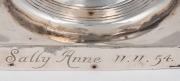 An antique George III sterling silver sugar caster of urn form with double dome shaker and ball finial. Engraved to the body and edge of plinth base "SALLY ANNE 11.11.54", Made by Andrew Fogelberg an important London silversmith, circa 1789, weighted base - 2