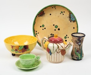 Two English porcelain floral fruit bowls, an English porcelain teapot, teacup and saucer, together with a Czechoslovakian Amphora vase, (6 items), the largest bowl 33cm wide