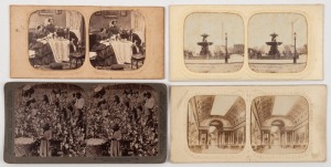 STEREO&nbsp;CARDS: Group comprising Underwood & Underwood "Cotton is King, Plantation Scene, Georgia", together with three antique French transparent hand-coloured examples. (4 items)