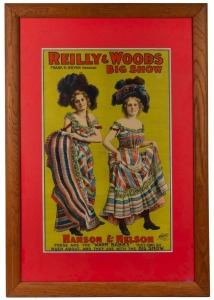 CIRCUS POSTER: "Reilly & Woods Big Show. Hanson & Nelson, These are the "Warm Babies" they sing so much about, and they are with the Big Show", printed by The Metropolitan, New York, window mounted, framed & glazed, overall 71x101cm. Lovely original poste