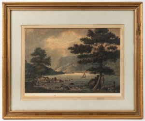 The circle of JOHN GLOVER, Wood cutters resting by a lake, circa 1820, watercolour on paper laid down on board, 21 x 30.5cm; framed 36.5 x 44.5cm overall.