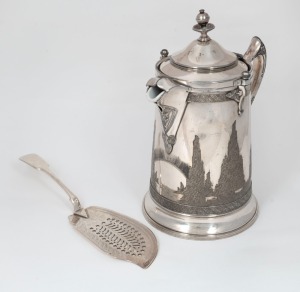 An antique American silver plated iced water jug&nbsp;with engraved iceberg decoration and porcelain liner, the base stamped "MF'D & Plated By Reed & Barton, Patented, Aug. 4.1868, May.13.1879", together with a silver plated fish server with fiddle pattern han