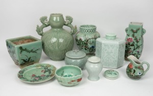 CELADON&nbsp;WARE: Chinese porcelain vases, lidded jars, bowl, dish, jug and jardiniere, 20th century, (11 items), the largest 31cm high