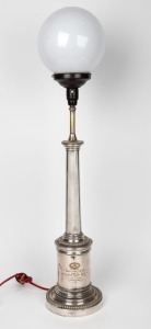 An antique English silver plated "Heavy Fish Prize" presentation table lamp with tapered column on cylindrical plinth base and ribbed and beaded collar decoration. Engraved "West Of Scotland Angling Club, Heavy Fish Prize, Won By James Bowie Esqr, On Loch