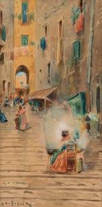 ARTIST UNKNOWN, I.) Italian street scene I, II.)&nbsp;Italian street scene II, watercolours, both signed (illegible), 19 x 10cm, 37 x 24cm overall each
