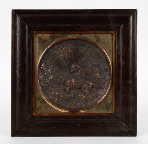An antique bronze plaque of hunting dogs, in oak frame, 19th/20th century, 29 x 29cm