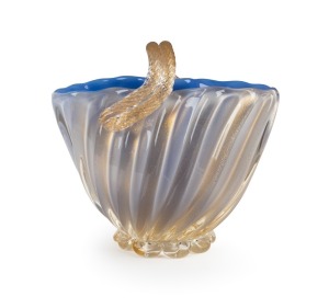 SEGUSO&nbsp;blue and white Murano glass basket vase with Oro&nbsp;gold inclusions, mid 20th century, original circular red foil to base "Made in Italy", 21cm high