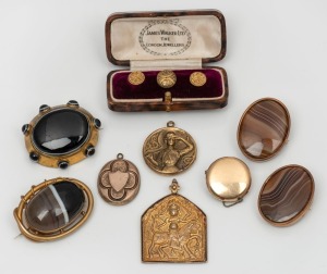 Four Scottish agate brooches, three buttons in box, three gold plated pendants and a brooch, mixed vintages, (9 items), the largest agate brooch 4.5cm wide
