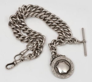 An antique sterling silver watch chain with fob, 19th century, an impressive&nbsp;44cm long, 117 grams