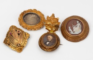 Four assorted antique yellow gold brooches including Colonial Australian and cameo examples, 19th century, ​​​​​​​the cameo brooch 4.4cm diameter, 59 grams total including glass and shell cameo