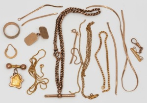Assorted 9ct gold jewellery&nbsp;including wedding band, fob chain, necklaces (damaged), cufflinks, earring, etc, 32 grams total