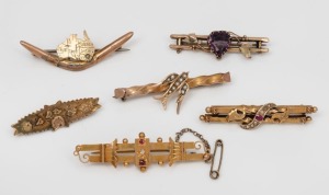 Six assorted antique 15ct gold and 9ct gold brooches, mostly Australian, 19th/20th century, ​​​​​​​the largest 5.5cm wide, 17.9 grams total