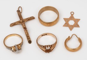 An 18ct gold crucifix pendant, earring, wedding band and white stone ring (12 grams total), together with a 14ct gold Star of David pendant (0.6 grams), and a 15ct gold ring (4 grams), (6 items), ​​​​​​​17.3 grams total