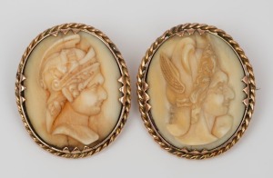A pair of antique carved ivory cameo portrait brooches, mounted in 9ct gold, 19th century, ​​​​​​​3cm high