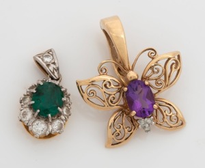 An 18ct gold, emerald and diamond pendant, together with a 9ct yellow gold, amethyst and diamond pendant, 20th century, (2 items), ​​​​​​​the larger 2.3cm high, 4.3 grams total