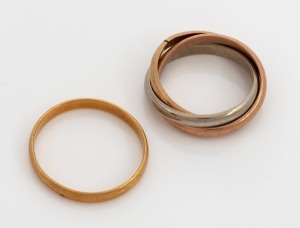 An 18ct yellow gold wedding band (2.8 grams), together with a three coloured&nbsp;9ct gold Russian wedding ring (6.5 grams), A/F, (2 items), 9.1 grams total
