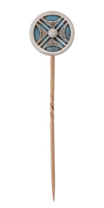 A fine quality antique 18ct two-tone gold stickpin with pale blue guilloche enamel decoration, set with five white diamonds, circa 1900, stamped "18ct", 6.5cm high, 3.8 grams