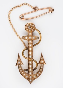 An antique Australian 9ct yellow gold anchor brooch adorned with seed pearls, circa 1900, ​​​​​​​4.5cm high, 8.6 grams