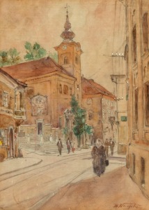 BRUNO VAVPOTIČ&nbsp;(1904 - 1995), (European street scene), watercolour, signed lower right (illegible), 45 x 32cm, 66 x 51cm overall