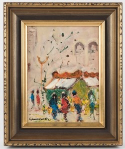 BARRY CHAMBERLAIN (1928 - ), I.) Untitled street scene, II.) Untitled street scene with figures, oil on board, both signed lower left "Chamberlain", 19 x 14cm each