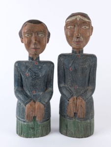 164 · A pair of Malay statues, carved wood with polychrome finish, 20th century, ​38cm and 40cm high