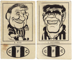 1954 Fyna Foods "Victorian Footballer Caricatures" [2/24] with club colours at base, the two Collingwood players - Lou Richards & Bob Rose. Good conditionin perspex case.