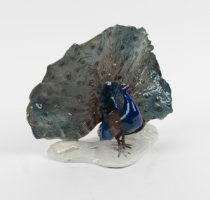 ROSENTHAL German porcelain peacock statue, signed "F. Heidenreich", green factory mark to base, 19cm high, 23cm wide