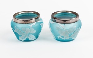 THOMAS WEBB&nbsp;(attributed) pair of blue cameo glass salt cellars with acorn decoration and silver plated mounts, 19th century, 4cm high