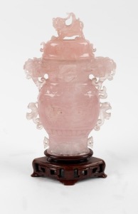 A vintage Chinese carved pink quartz lidded vase on carved timber stand, 20th century, ​​​​​​​22cm high overall