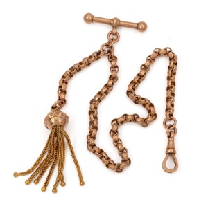 An antique 9ct gold Albert fob chain with tassel, 19th century, stamped "S.BRS. 9ct", 30cm long, 12.8 grams