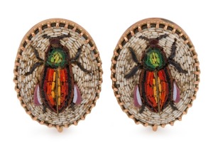 A pair of antique screw back 9ct rose gold and micro mosaic earrings, 19th/20th century, 2cm high overall.