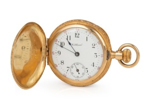WALTHAM antique American lady's size pocket watch in an 18ct gold full hunter case with engraved decoration, Arabic numerals and crown wind movement, 19th century, 4.7cm high overall including bow, 35.4 grams including movement