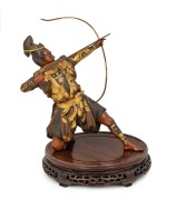 YOSHIMITSU fine quality antique Japanese Miyao&nbsp;studio style patinated bronze statue&nbsp;of a kneeling samurai archer. The mixed metal sculpture with detailed gilt highlights and textured armour&nbsp;with original bow, arrow and tanto, signed in a gilt rectangular 