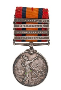 The QUEEN'S SOUTH AFRICA MEDAL with clasps for TRANSVAAL, SOUTH AFRICA 1901, ORANGE FREE STATE and CAPE COLONY; named to 15744 PTE&nbsp;A. BETTS. IMPL. YEOMANRY. Adolphus Betts served in 20th Btn IY.