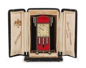 A fine Swiss Art Deco&nbsp;travelling timepiece in sterling silver case of lozenge form with enamel infill, brushed dial with Arabic numerals, dial marked "Juvenia, O. Fresard, Lucerne, Fab. Swiss", the base of case and travel box similarly marked, circa 1930,