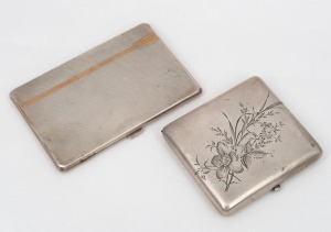 An Art Deco sterling silver cigarette case with gold infill and engine decorated surface, marked "Britannic, E.H. STG.SILVER"; together with a Russian silver cigarette case with engraved floral decoration, Kokoshnik&nbsp;84 pre 1908 mark, maker's&nbsp;initials&nbsp;A.H.