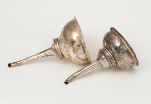 Two antique English Georgian sterling silver wine funnels, both London made, maker's mark rubbed on one with date letter for 1815. The other missing&nbsp;it's rest, marks rubbed, makers mark "A.L." (with star above initials) possibly&nbsp;Aug. Le Sage. the larger 1