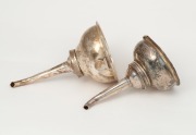 Two antique English Georgian sterling silver wine funnels, both London made, maker's mark rubbed on one with date letter for 1815. The other missing&nbsp;it's rest, marks rubbed, makers mark "A.L." (with star above initials) possibly&nbsp;Aug. Le Sage. the larger 1